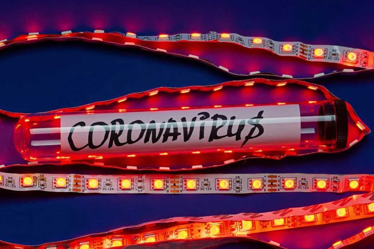 coronavirus Abstract lab tube with tag coronavirus in secret laboratory with red led-light. Novel coronavirus 2019-nCoV on blue background. Novel coronavirus outbreak concept. Image credit: 138814545_l / 123rf